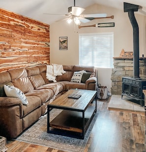 Cedar wood feature wall in the living room.