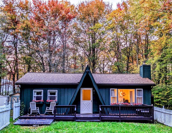 A-frame cottage surrounded by woods and beautiful trees :) 