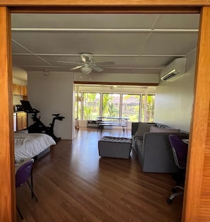 Living Room with Dresser Tempur Pedic foldout Queen Bed. Peloton not included.