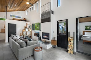 Open Living Room with Wood Burning Fireplace