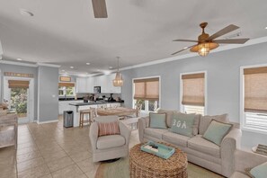 Spacious downstairs, with open concept between living room, dining area and oversized kitchen. 