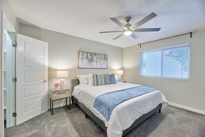 Master Bedroom with king bed and large walk-in closet, lamps, and night stands.