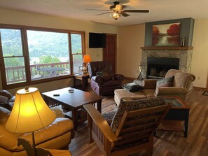 View from living room. Wood burning fireplace.
