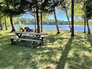 Picnic table for dining with a view of the lake