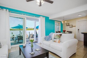 Great views of the bay and easy access to communal patio tables, grill and dock