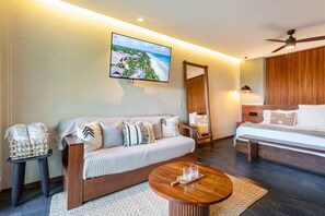 spacious living area and bedroom with tv
