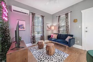 Hang out in our leopard living room