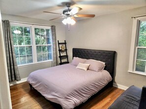 Master bedroom, Comfy king bed, Big windows for light. Privacy curtains too