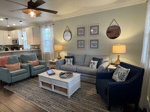 Updated living room with seating for 6, Queen sleeper sofa, beadboard ceilings 