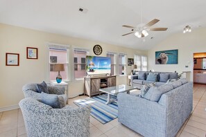 Enjoy time together as a family in the beautifully tiled Living Area with a large Flat Screen TV and stunning views of the ocean.