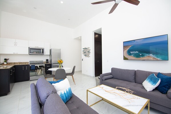 Spacious bright living and dining with modern touches