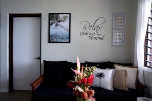 Lounge room - the writing on the wall says it all
