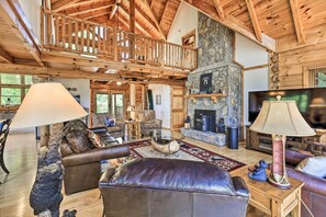 Living Room | Wood-Burning Stove | Smart TV | Rustic Cabin Decor