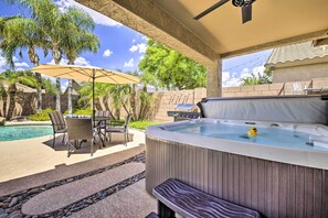 House Exterior | Private Hot Tub | Dining Area