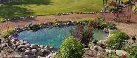 Sit by the pond on the bistro set while watching the sunrise.