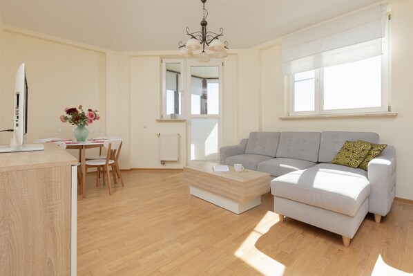 Living room with a comfortable sofa and TV. 