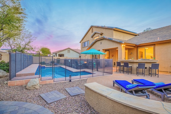 Relax and enjoy the private heated pool at the Sonoran Retreat in Phoenix.