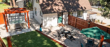 A birds eye view of the cabin. Enjoy our spa, BBQ, hammock and fire pit.