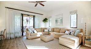 Oversized living room with sleeper sofa makes this space comfortable for all. 

