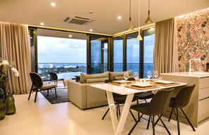 Nightime setting of the living room and dining room