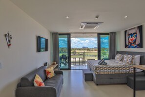 A large studio with a relaxation area