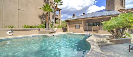 Escape the heat! Our retreat offers a second heated pool.