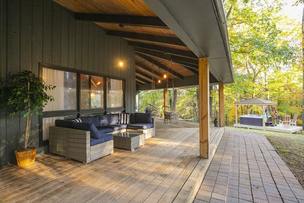 Ample seating on the huge back deck.