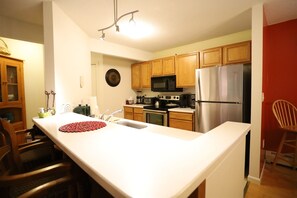 Fully equipped kitchen in Deer Park Resort at Lincoln, NH