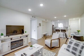 Living Area | Queen Sleeper Sofa | Smart TV | Electric Fireplace
