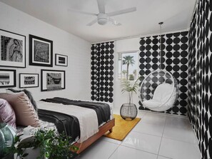 The second bedroom with black-and-white decor