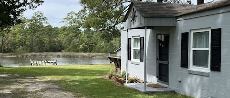 Cottage entrance and dock/lawn area