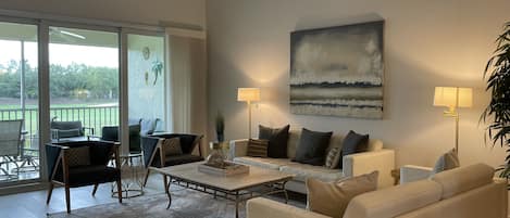 Relax in our beautiful and comfortable, living room with views of the course