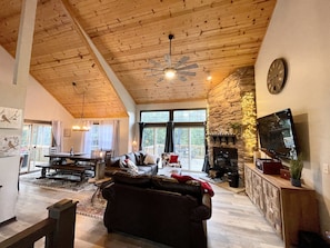 Beautiful living room with record player and cozy fire place