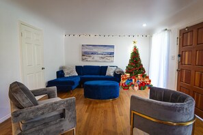 Blue velvet sectional sofa with 2 chairs