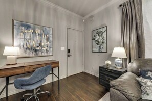 The workspace is thoughtfully designed, providing a comfortable and quiet spot for you to focus and be productive during your stay.
