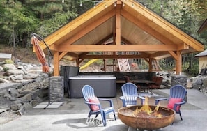 Fire pit, outside seating, and hot tub