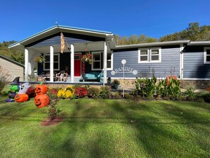 Front yard fenced in with fire pit and light and gas grill 