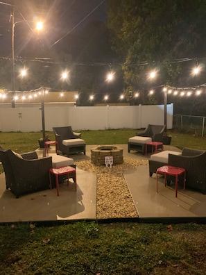 Fire Pit Area at Night with String Lights!
