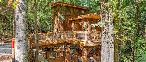 Amazonia treehouse cabin in Red River Gorge, Ky with a massive, coved deck made of local milled timber.