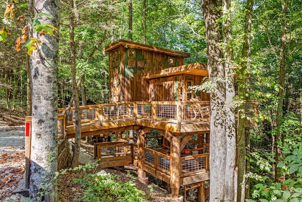 Amazonia treehouse cabin in Red River Gorge, Ky with a massive, coved deck made of local milled timber.