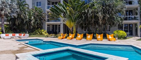 Shared pool with hot tub