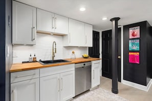 Stocked kitchen including: 5 cup drip coffee maker, French press, automatic espresso/coffee maker, air fryer, toaster, non stick pots and pans and many other items too! We have everything so if you want to know what we have, let us know.