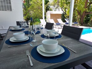 Outdoor dining area on large covered terrace with outdoor fans