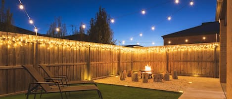 Festoon & Fairy Lights,  2 Sun Lounges,  Fire Pit with 10 Timber Stools