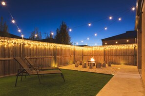 Festoon & Fairy Lights,  2 Sun Lounges,  Fire Pit with 10 Timber Stools