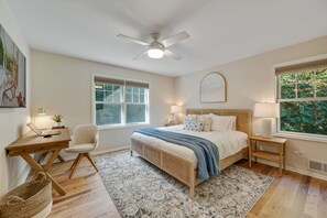 Second floor master bedroom with King bed, Smart TV, blackout blinds & workspace