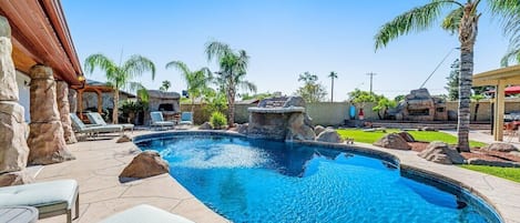 Backyard Overview - pool, outdoor bar, outdoor kitchen, fireplace