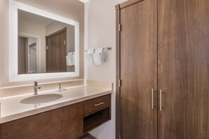 Freshen up in the bathroom after a day of adventure.