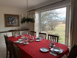 Table seats 8 comfortably but can add 2 smaller chairs for kids for 10.