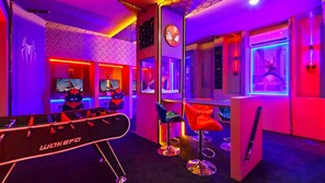 Spider-Man Themed Game Room: Neon Lights, Foosball & Fun!